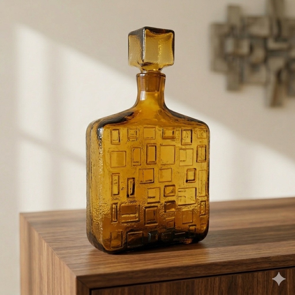 Empoli Brutalist Amber Art Glass Decanter Geometric Bottle Italy MCM